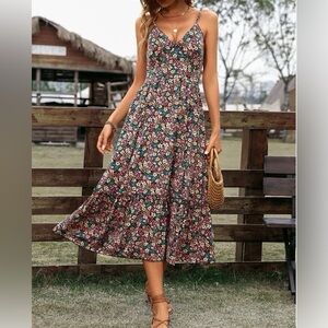 Boho Ditsy Floral Print Split Thigh Cami Dress